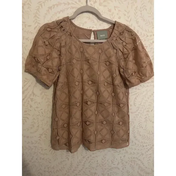 Anthropologie Maeve Beige Lace Puff Sleeve Blouse - Picture 1 of 5